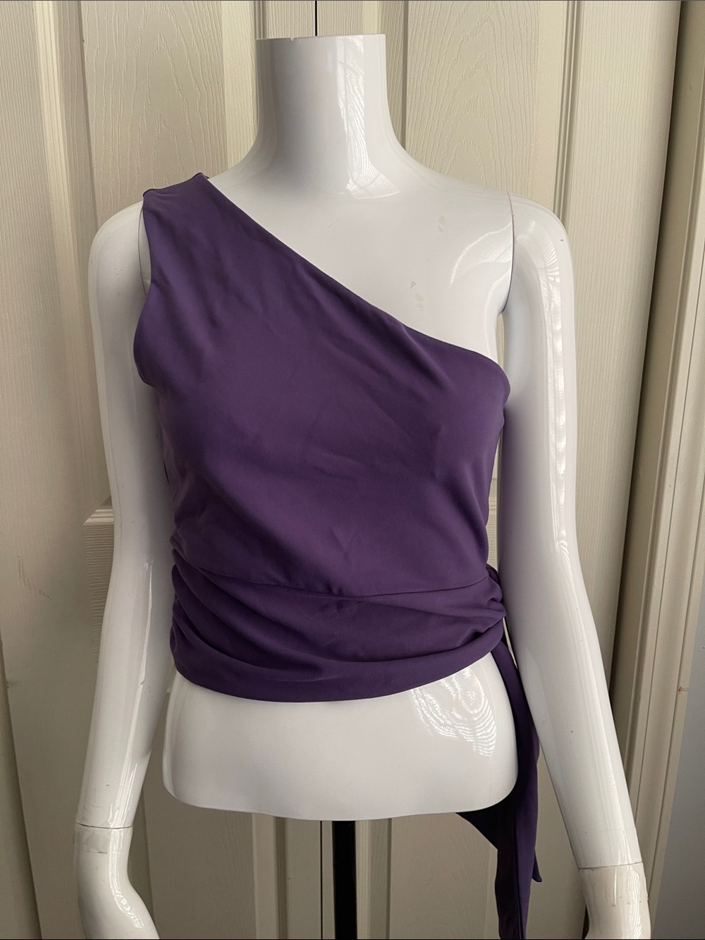 Susana Monaco Purple One-Shoulder Ruched Top with Side Tie.
